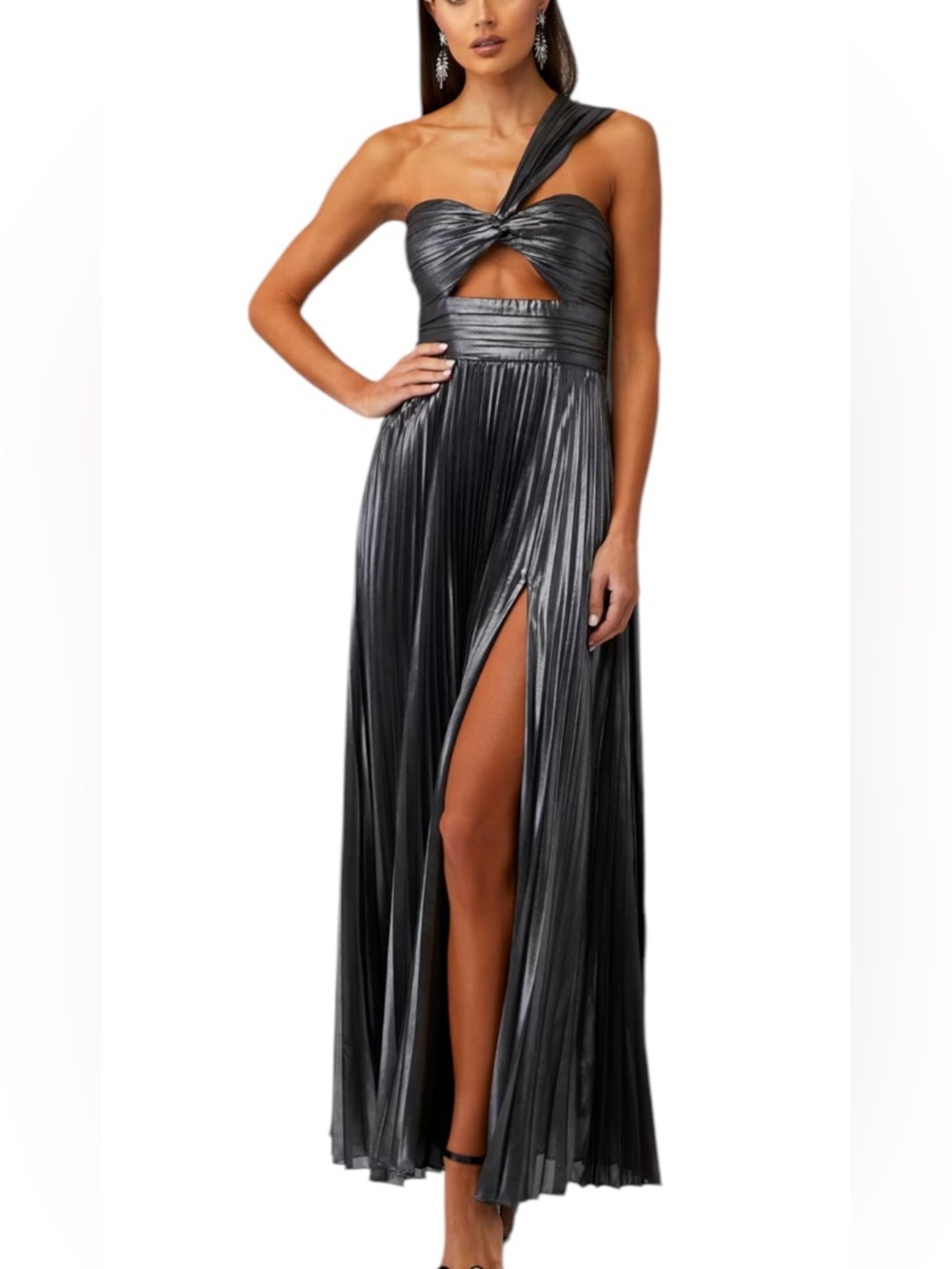 NIALI x FashionPass Metallic Silver Pleated One-Shoulder Gown Formal Size 4